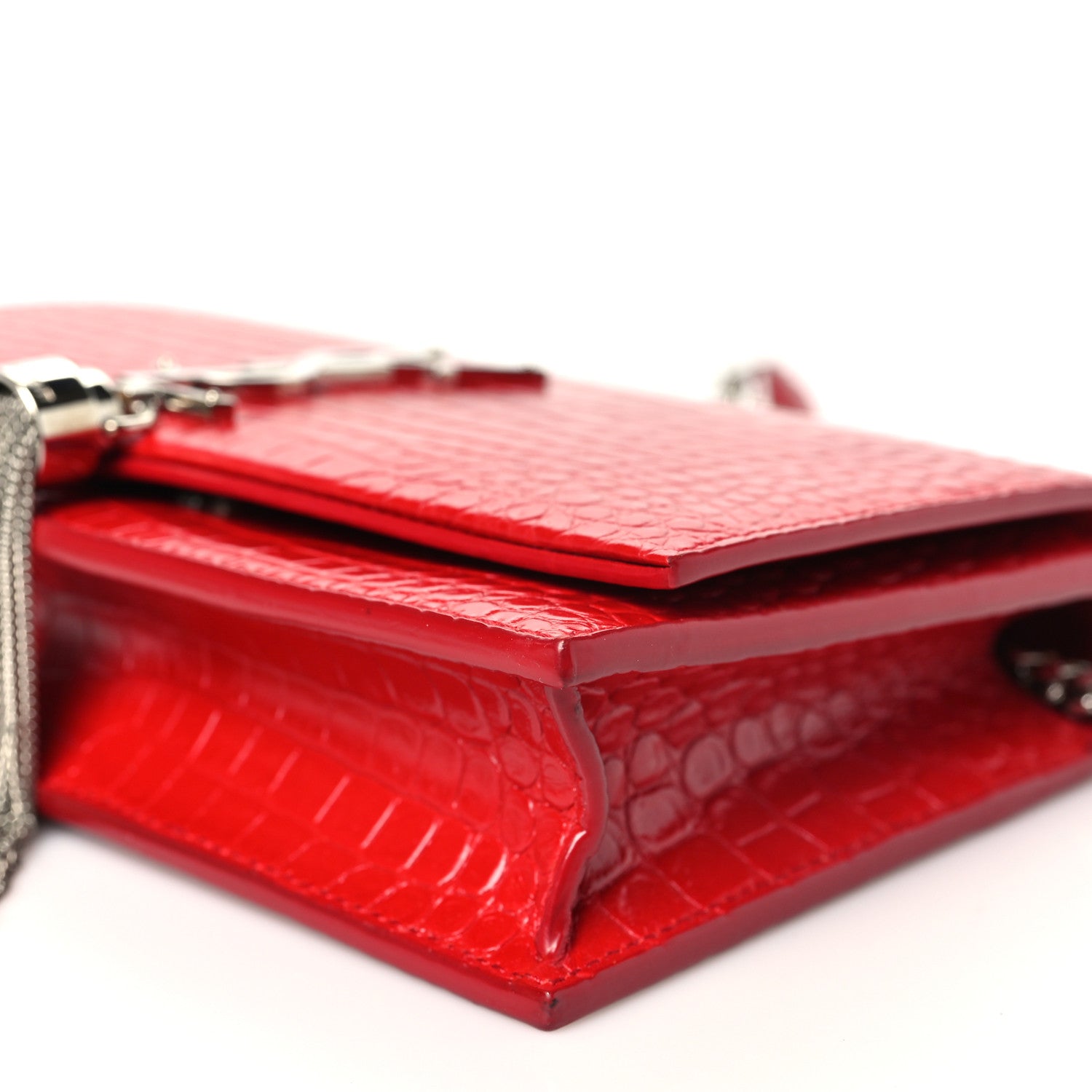 Saint Laurent Calfskin Crocodile Embossed Kate Monogram Tassel Chain Wallet Rouge Eros 9 of 10