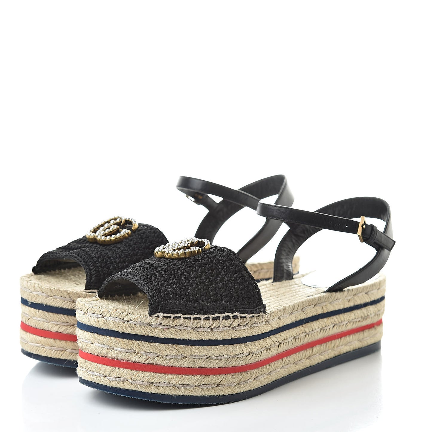 Cotton Malaga Kid Crochet Pearly GG Lilibeth Espadrille Platform Sandals 38.5 Black
