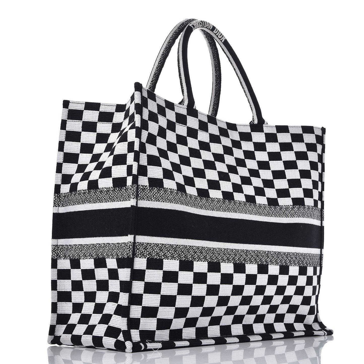 Canvas Embroidered Checkered Book Tote Black White