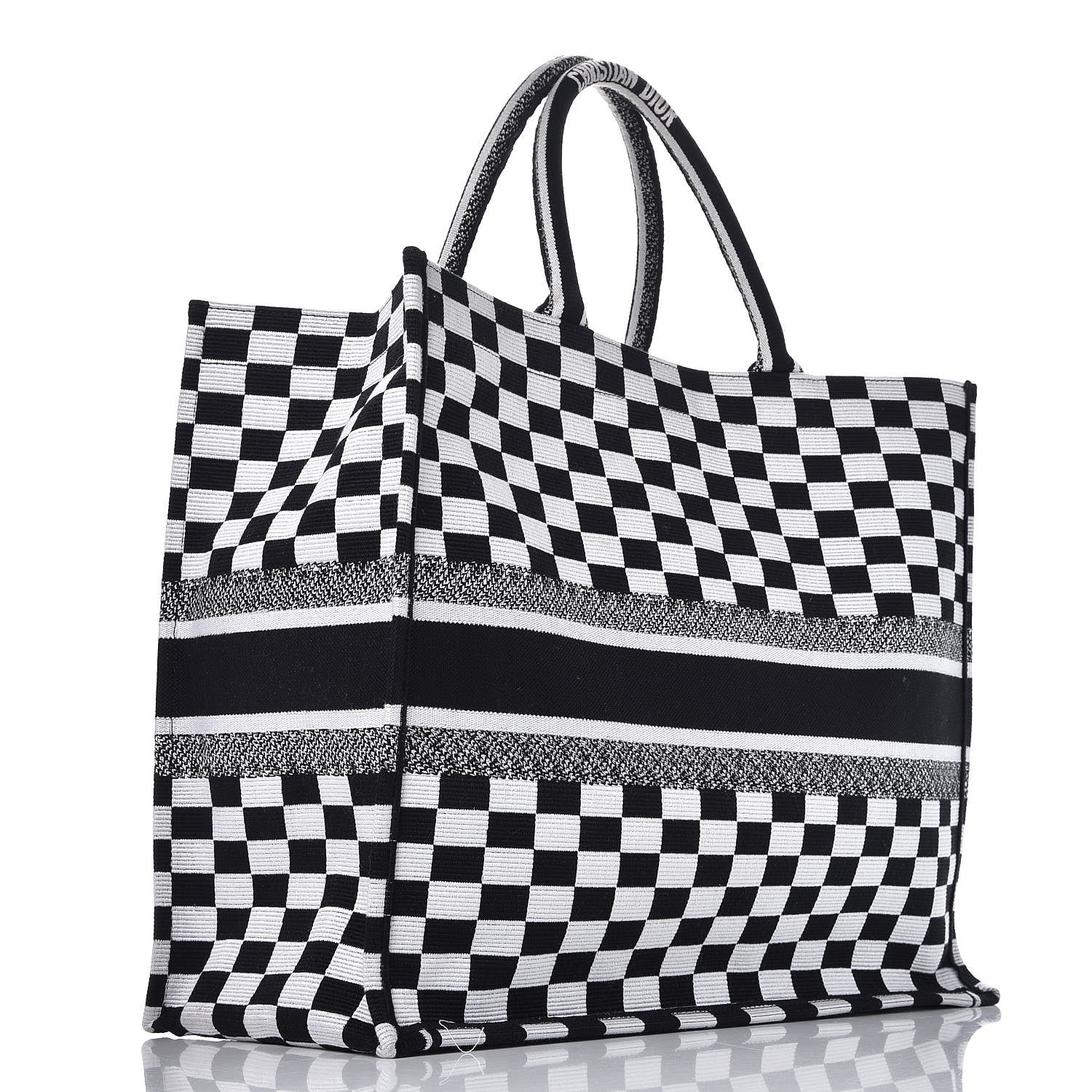 Christian Dior Canvas Embroidered Checkered Book Tote Black White 3 of 7