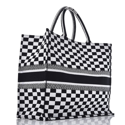 Christian Dior Canvas Embroidered Checkered Book Tote Black White 3 of 7