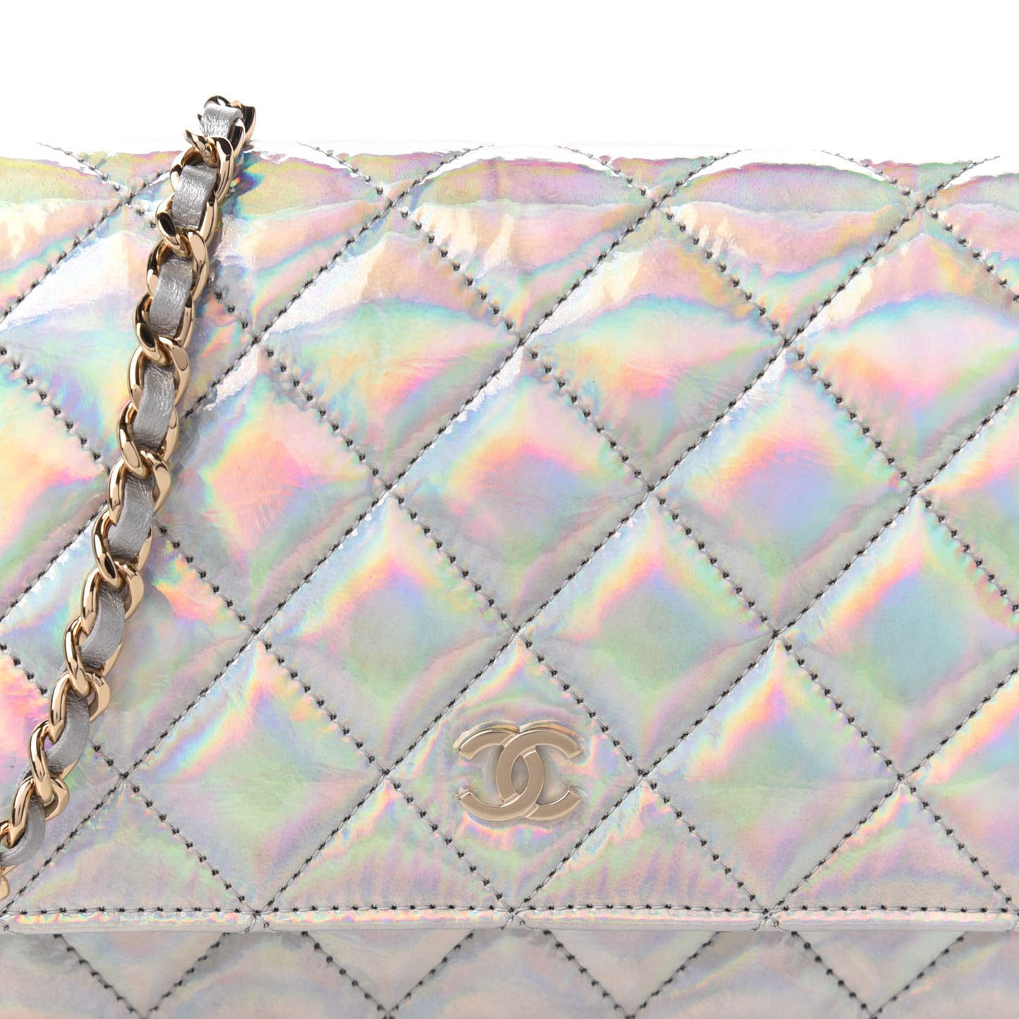 Iridescent Goatskin Quilted Wallet On Chain WOC Silver