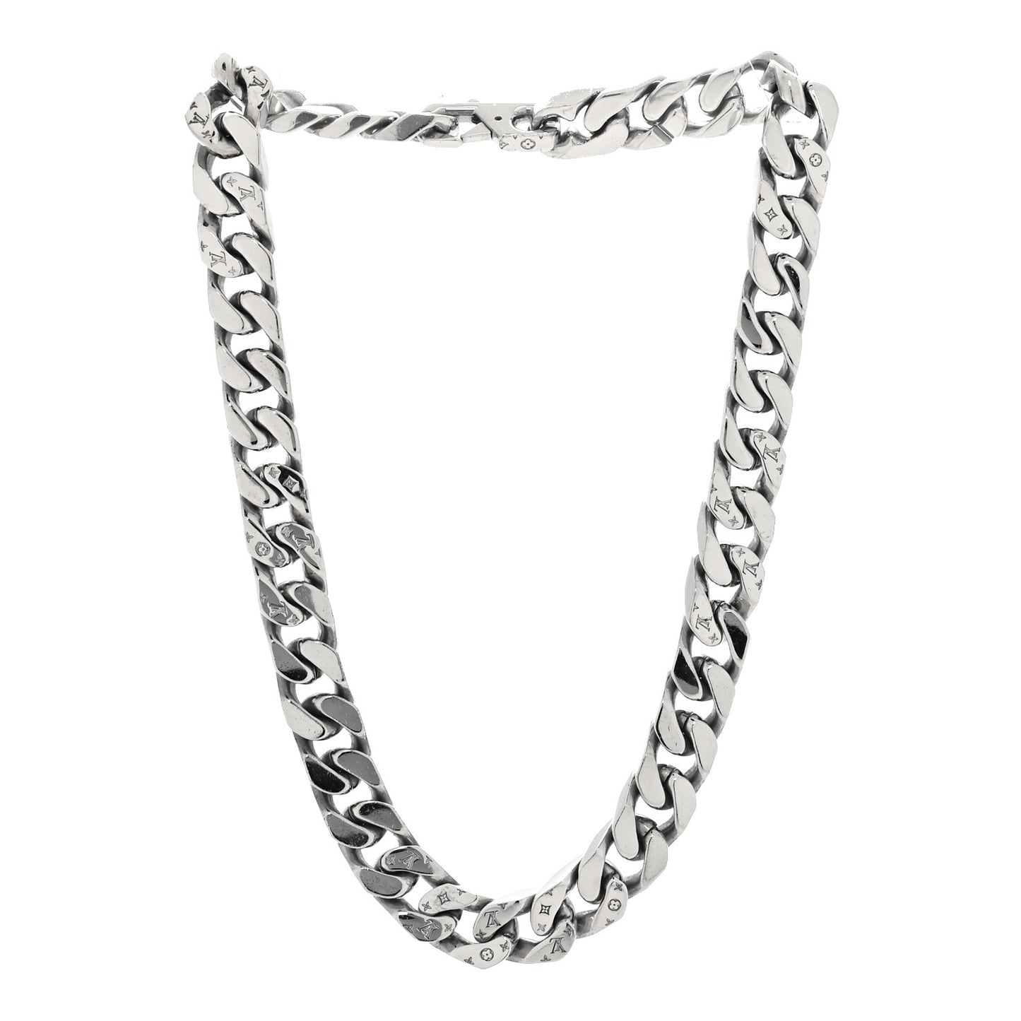 Metal Monogram Etched LV Chain Links Necklace Silver