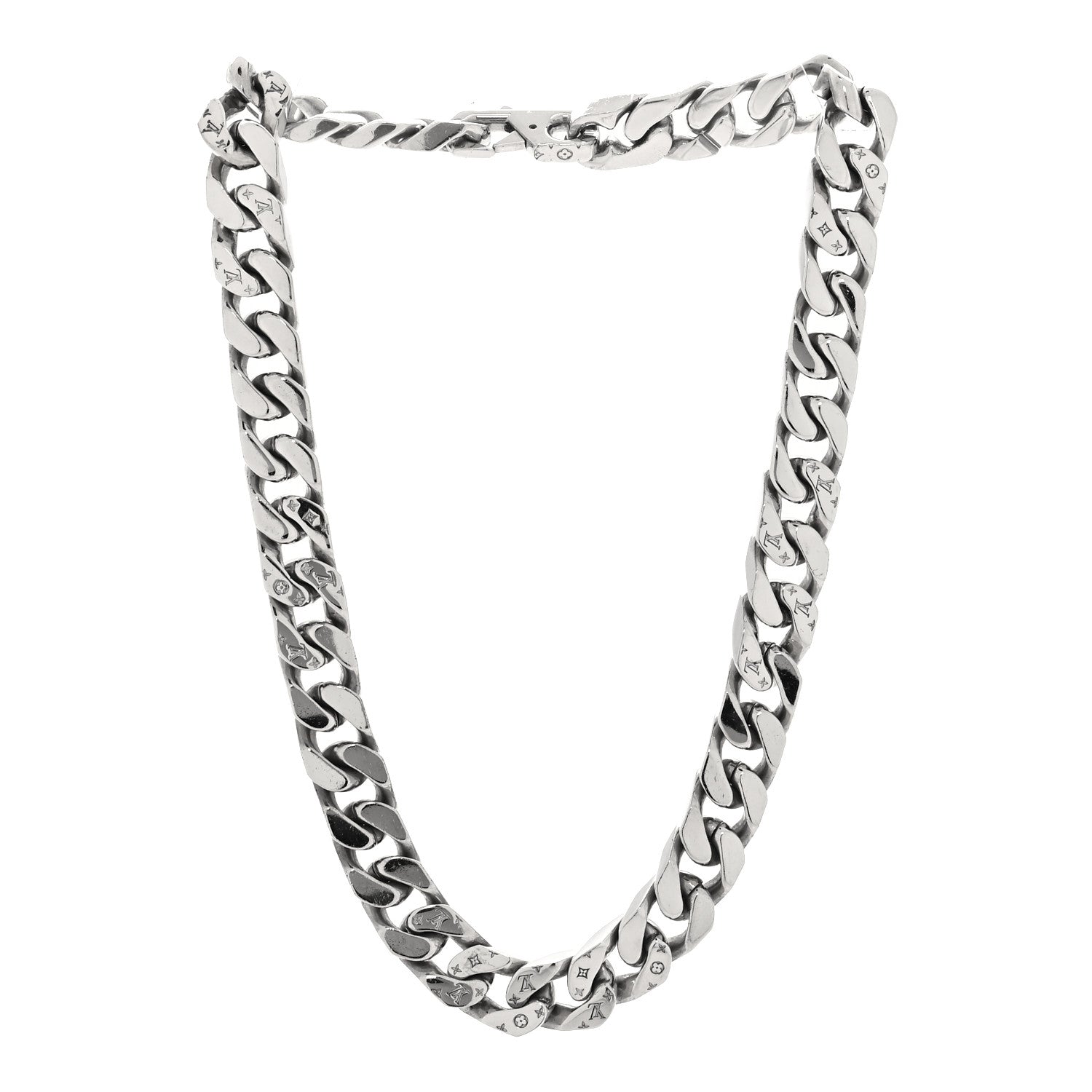 Louis Vuitton Metal Monogram Etched LV Chain Links Necklace Silver 3 of 4