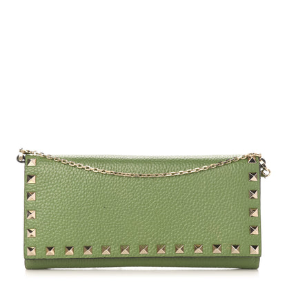 Valentino Garavani Pebbled Calfskin Rockstud Flap Wallet On Chain Deep Clover 1 of 13