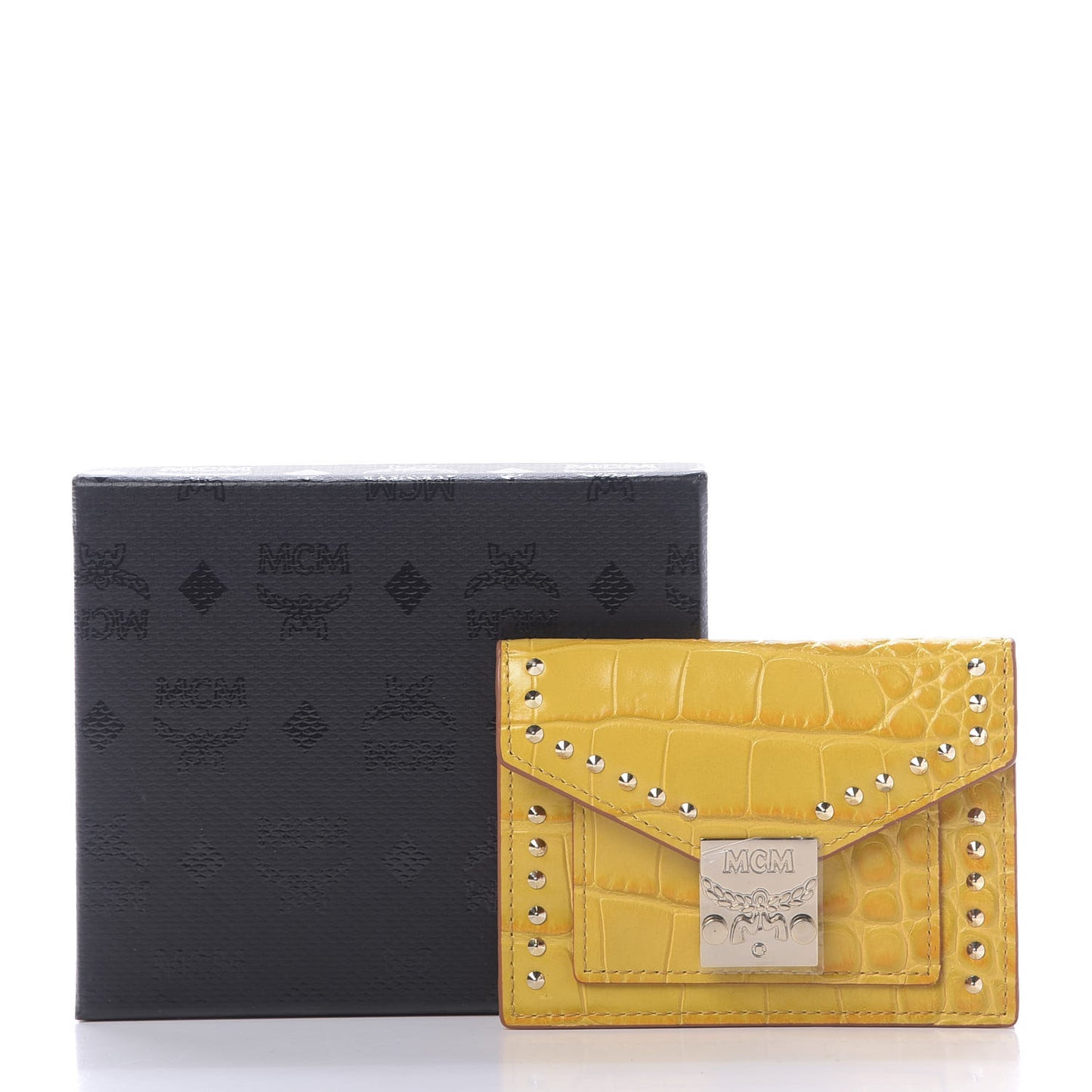 Calfskin Crocodile Embossed Flap Card Holder Golden Mango