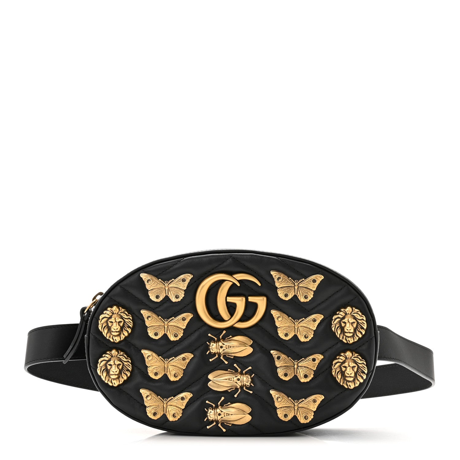 Gucci Calfskin Matelasse Animal Studs GG Marmont Belt Bag Black 1 of 9