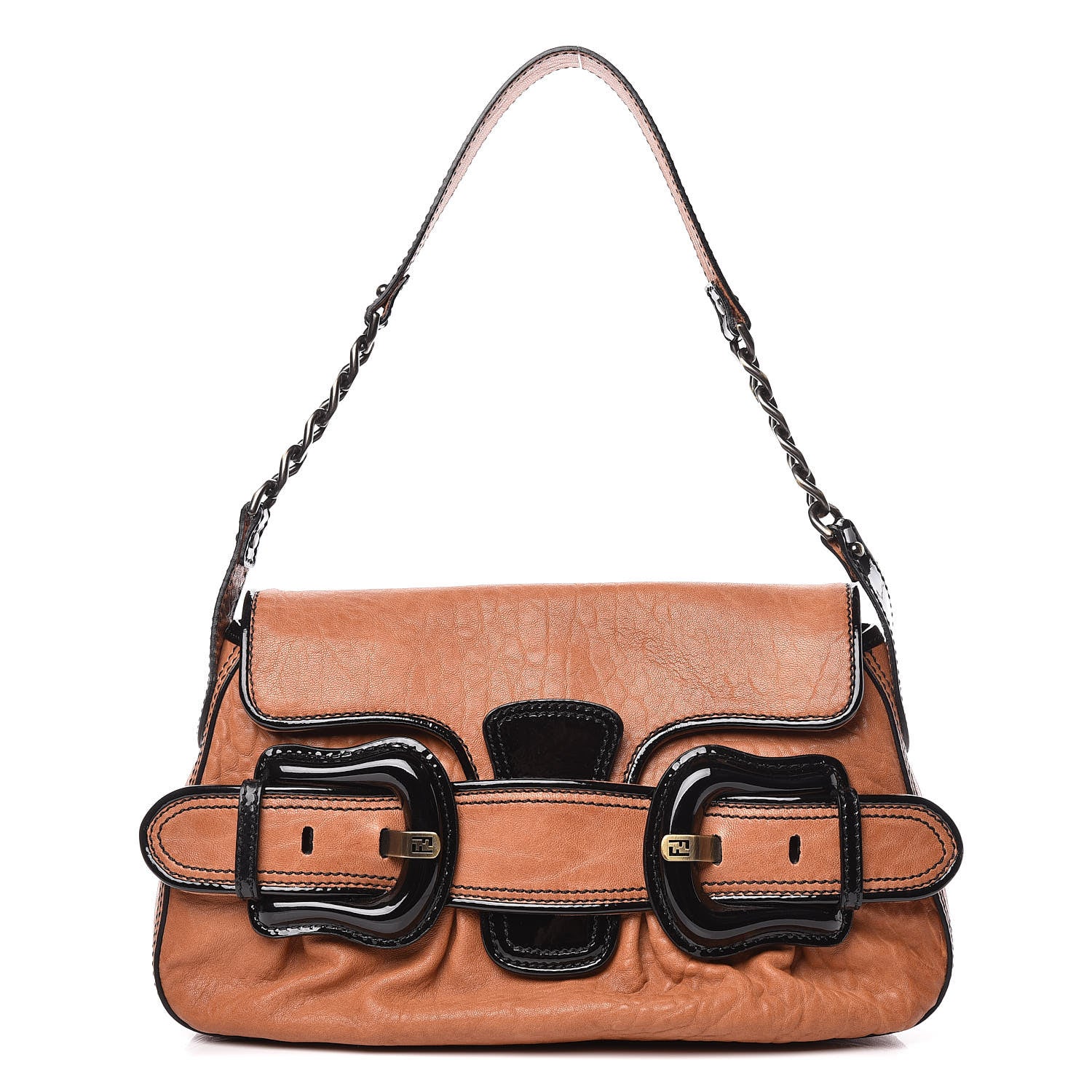 Fendi Nappa Patent B Bis Flap Bag Osso Black 1 of 9