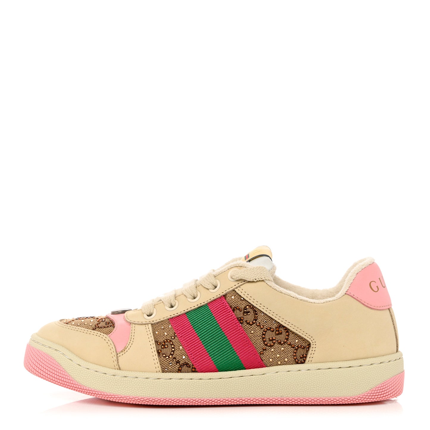 New GG Monogram Nubuck Web Crystal Embellished Womens Screener Sneakers 36.5 Camel Ebony Wild Rose