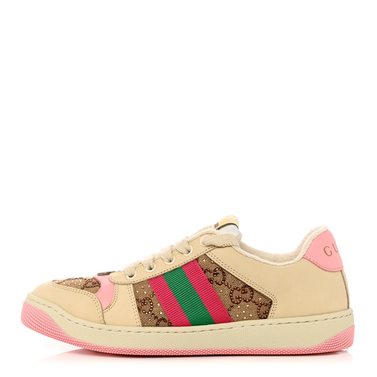 Gucci New GG Monogram Nubuck Web Crystal Embellished Womens Screener Sneakers 36.5 Camel Ebony Wild Rose 1 of 9