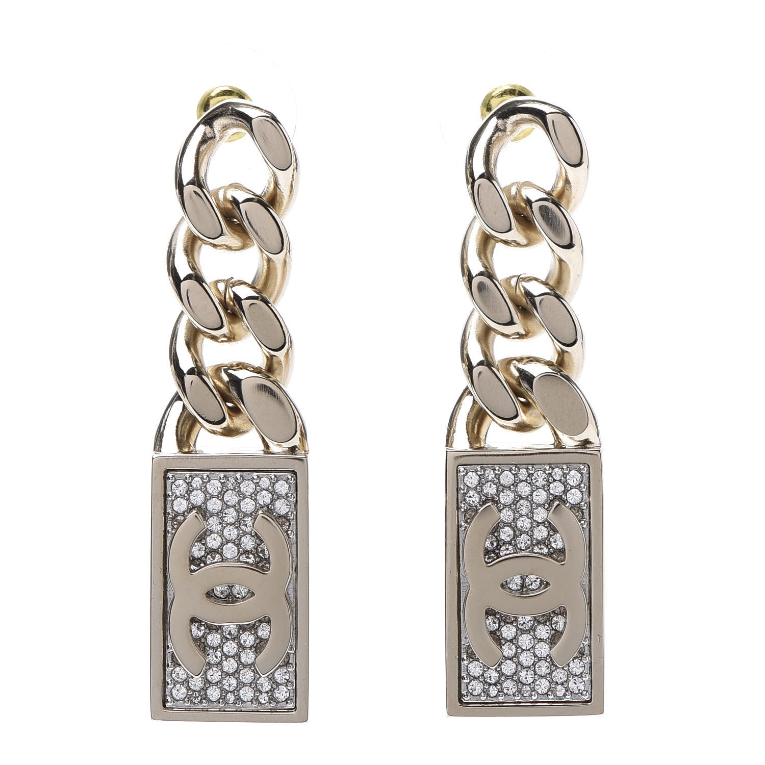 Chanel Crystal Dog Tag Charm Earrings Gold 1 of 6