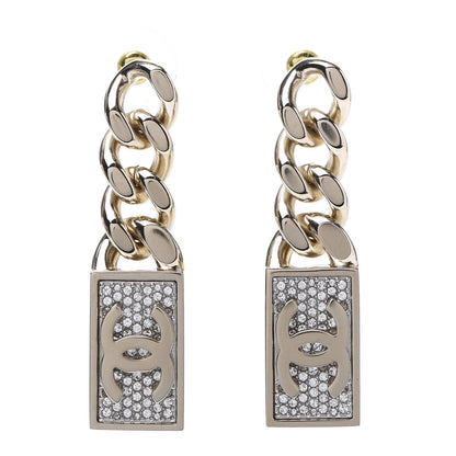 Chanel Crystal Dog Tag Charm Earrings Gold 1 of 6