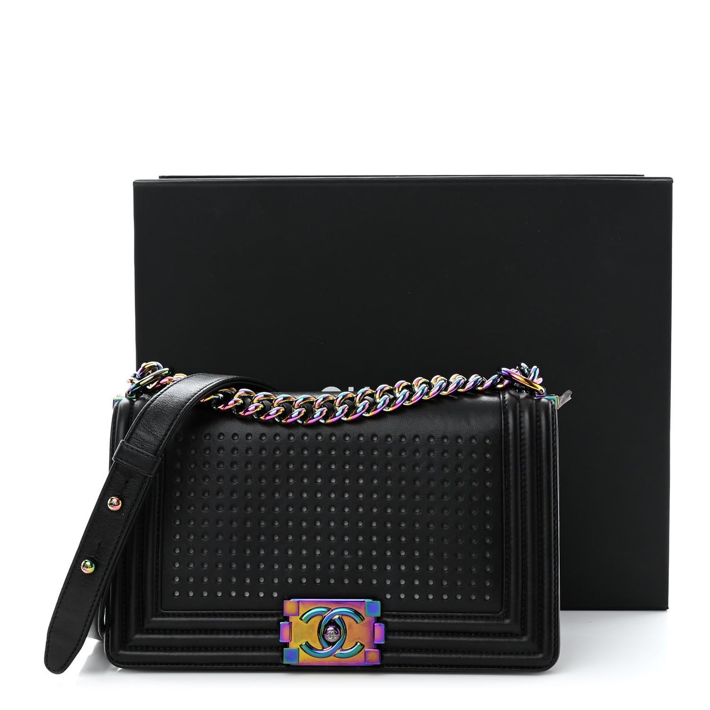 Lambskin LED Iridescent Metal Medium Boy Flap Black Multicolor