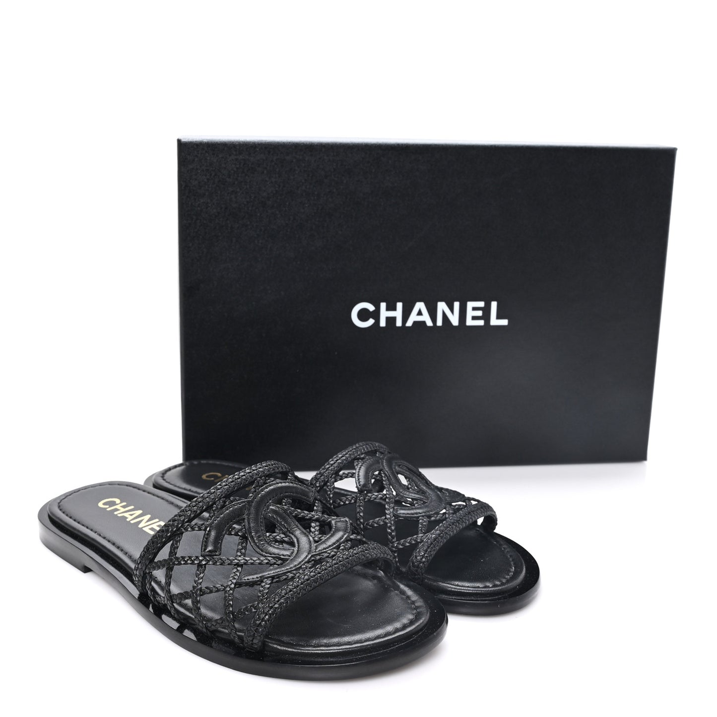 Lambskin Crochet CC Mules Sandals 36 Black