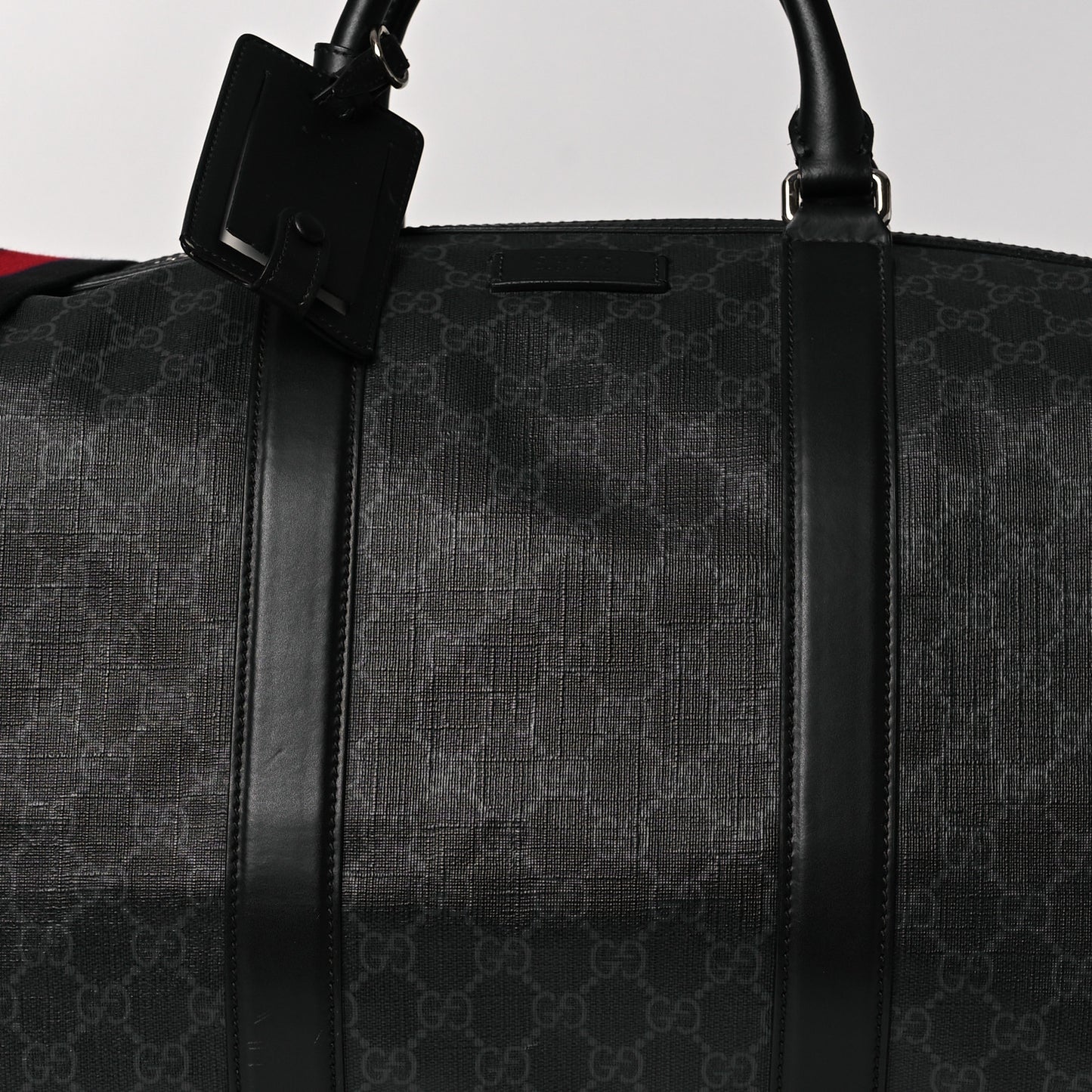 Soft GG Supreme Monogram Appia Calfskin Web Large Carry On Duffle Bag Black Grey