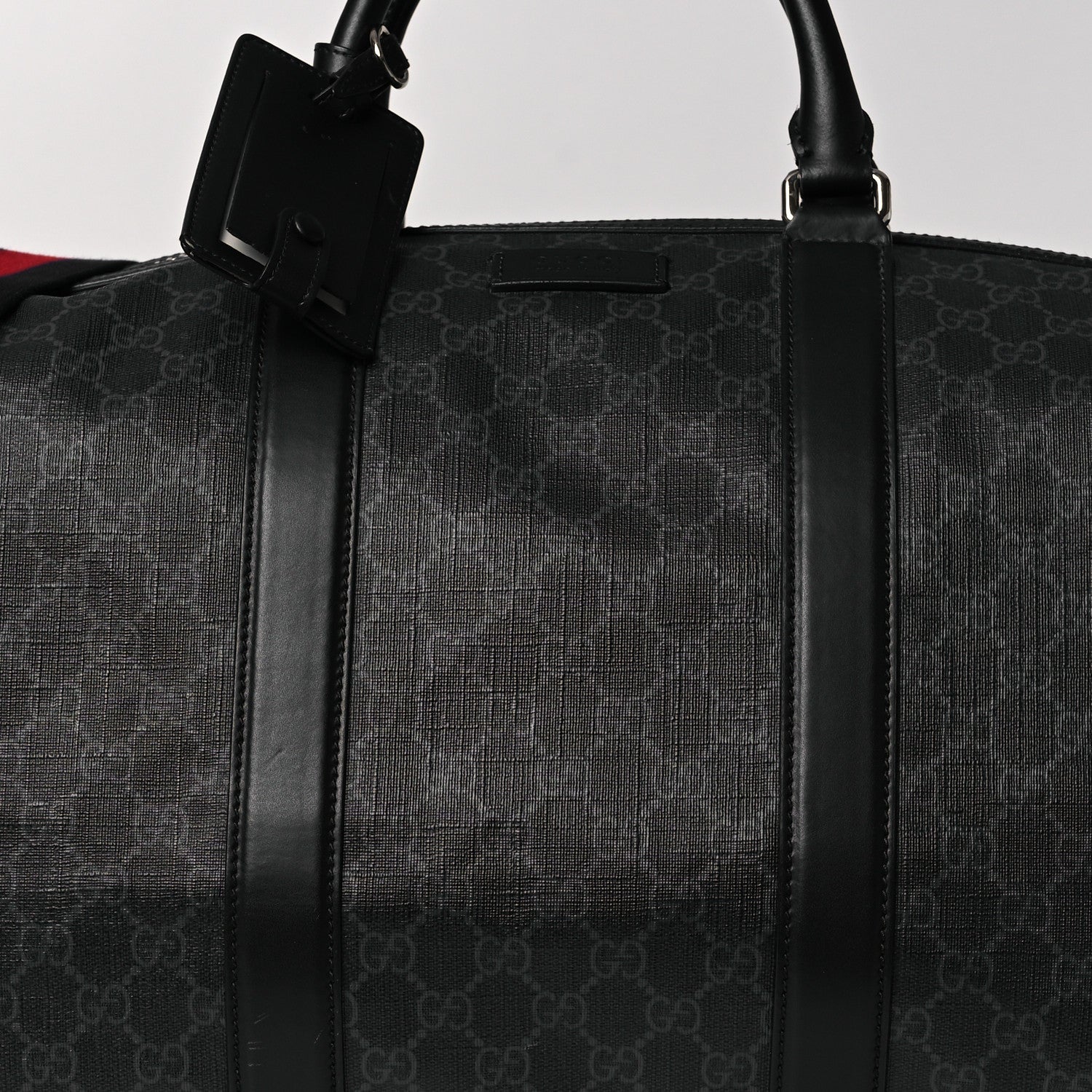 Gucci Soft GG Supreme Monogram Appia Calfskin Web Large Carry On Duffle Bag Black Grey 7 of 13