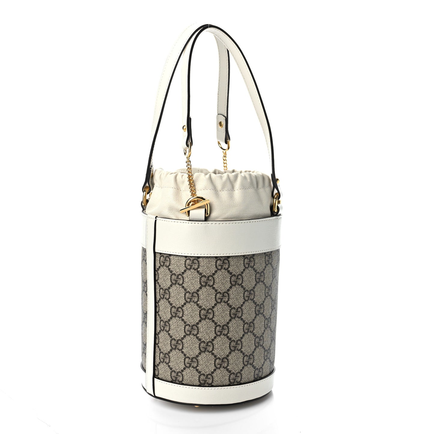 GG Supreme Monogram Azalea Sakai Calfskin Small Horsebit 1955 Drawstring Bucket Bag Beige Ebony Mystic White
