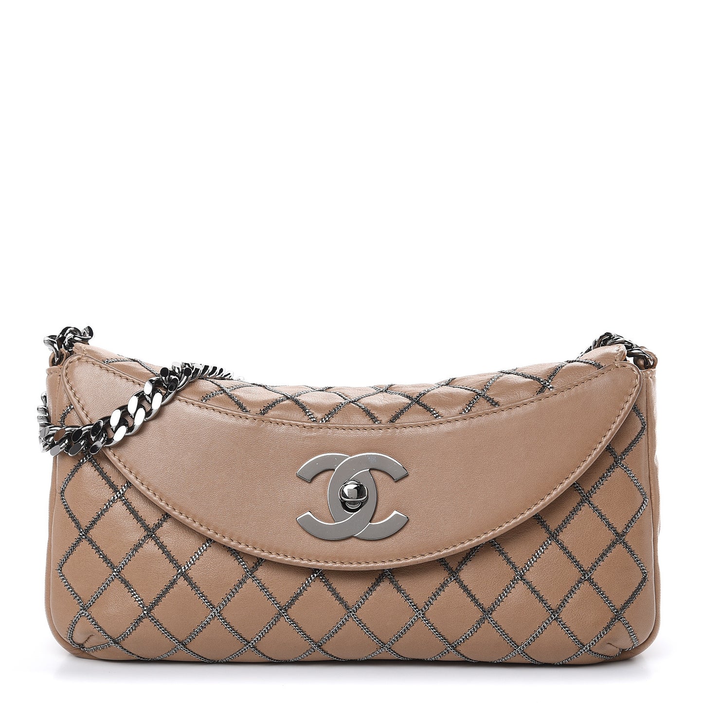 Lambskin Chain Stitch Clutch Dark Beige