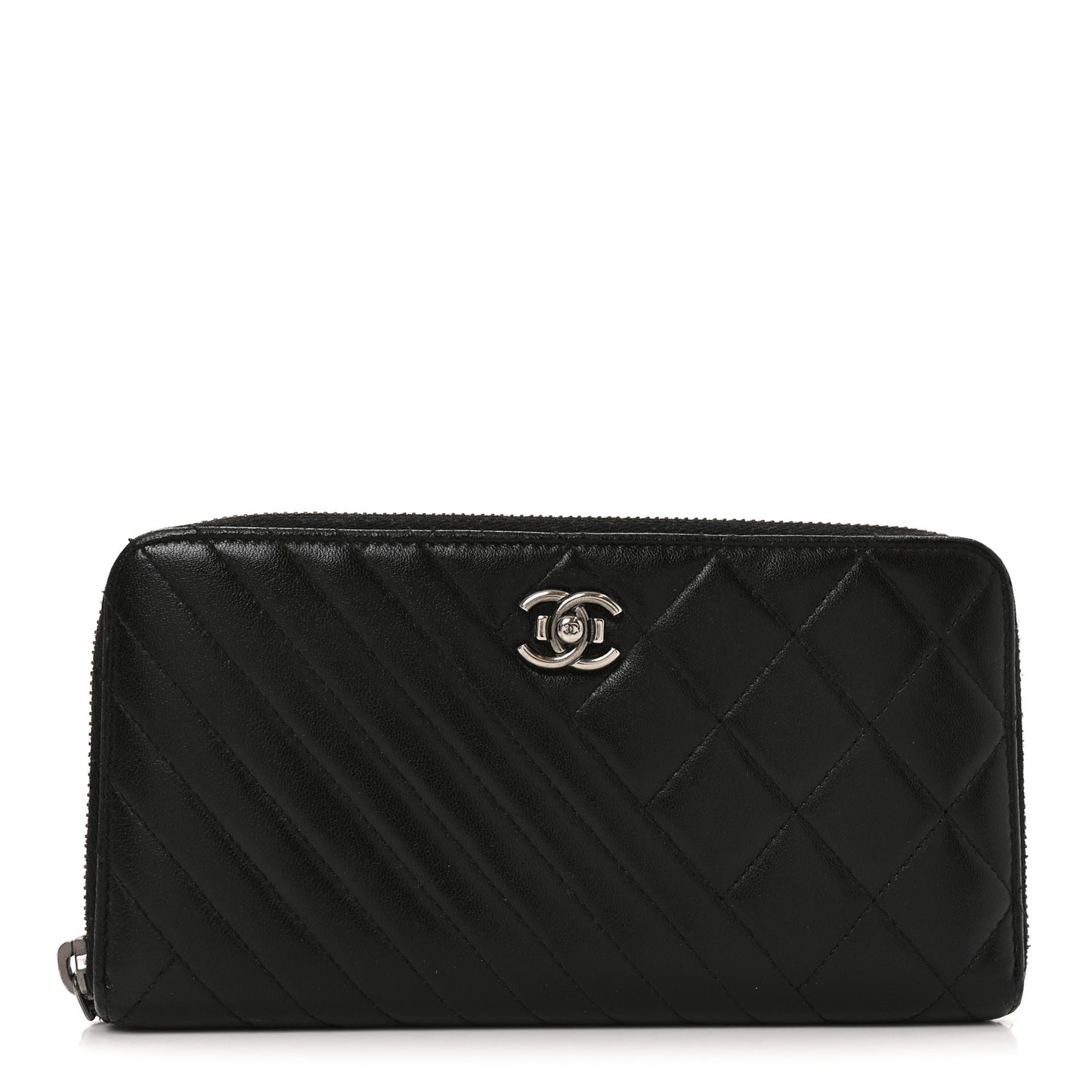 Glazed Calfskin Quilted Small Coco Boy Zip Around Wallet Black