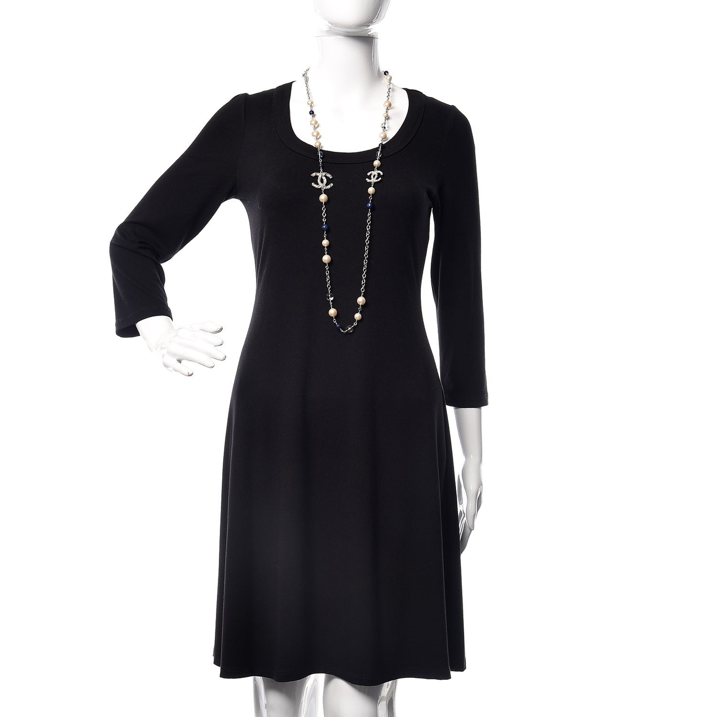 Pearl Beaded CC Long Necklace Navy Silver