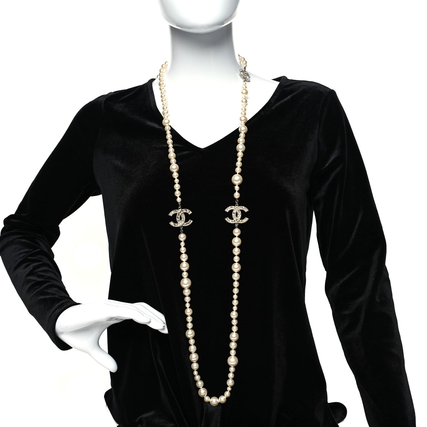 Pearl Baguette Crystal CC Long Necklace Silver