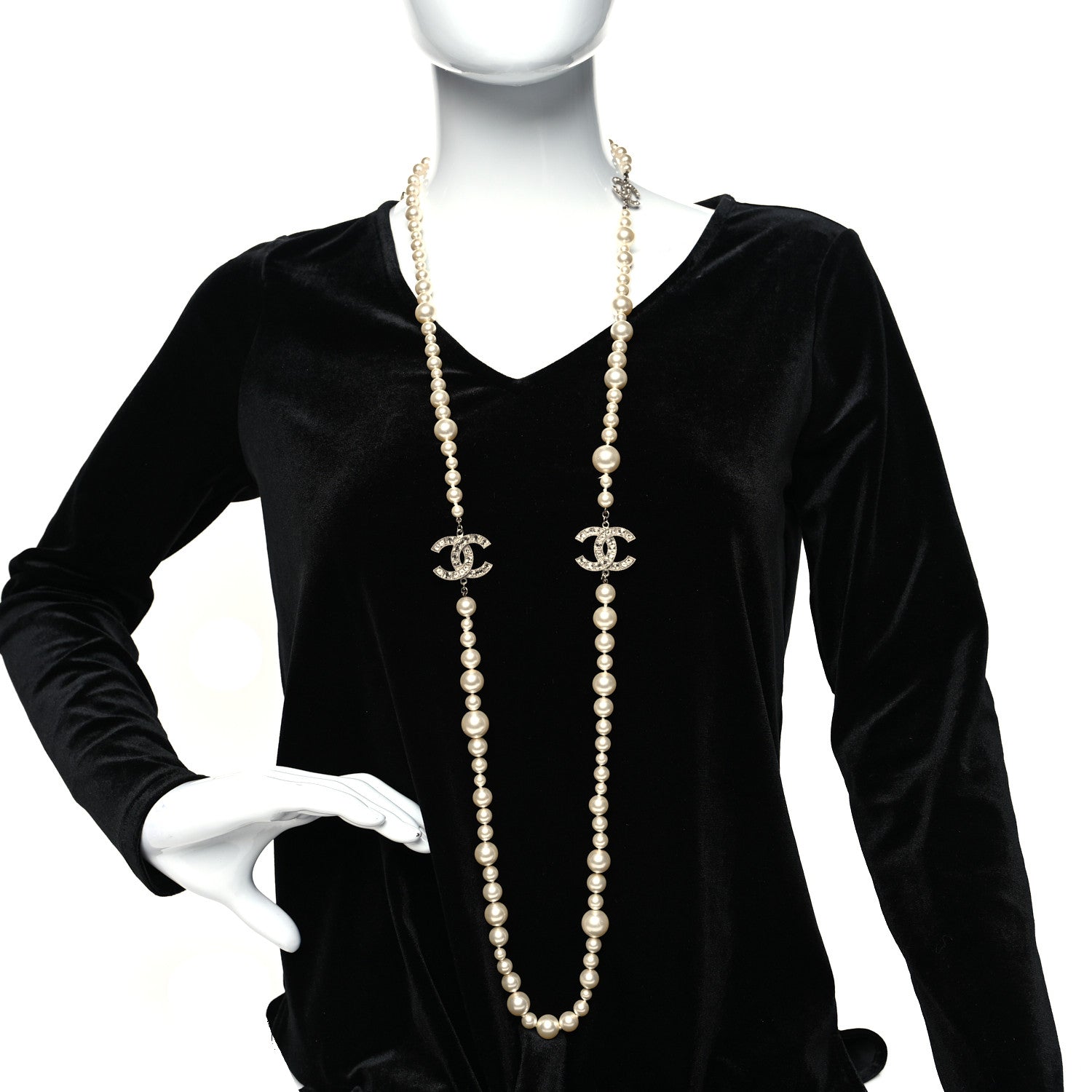 Chanel Pearl Baguette Crystal CC Long Necklace Silver 2 of 5
