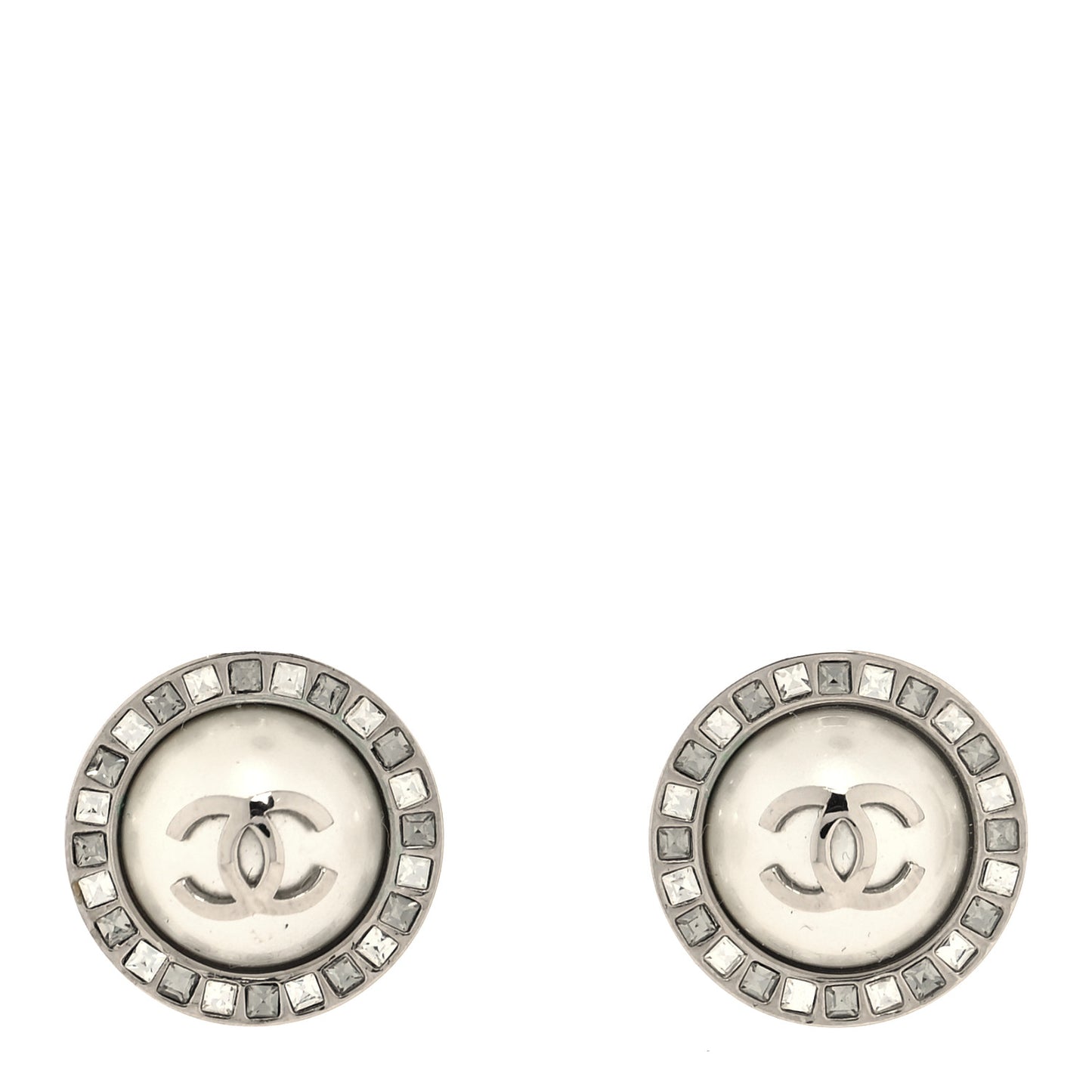 Pearl Crystal CC Round Earrings Silver