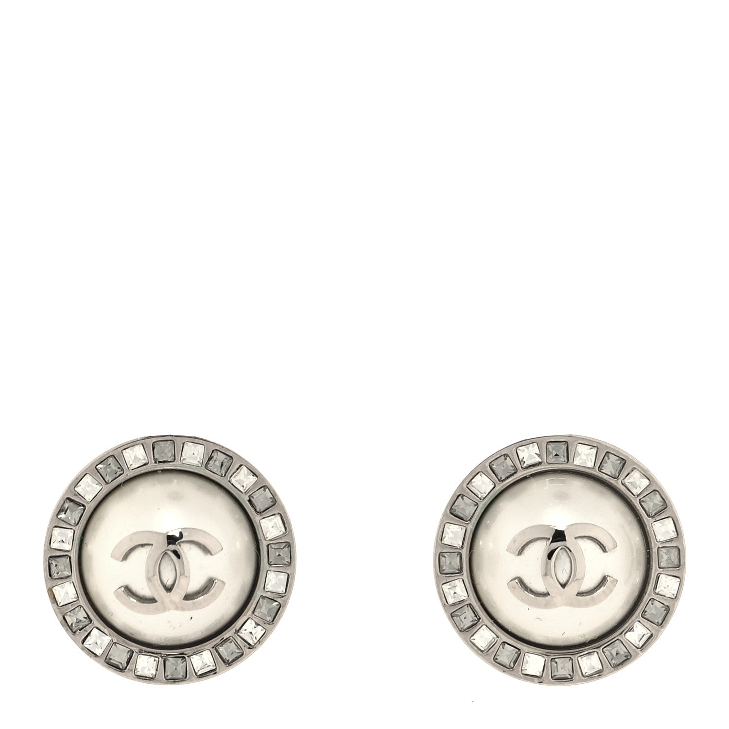 Chanel Pearl Crystal CC Round Earrings Silver 1 of 4