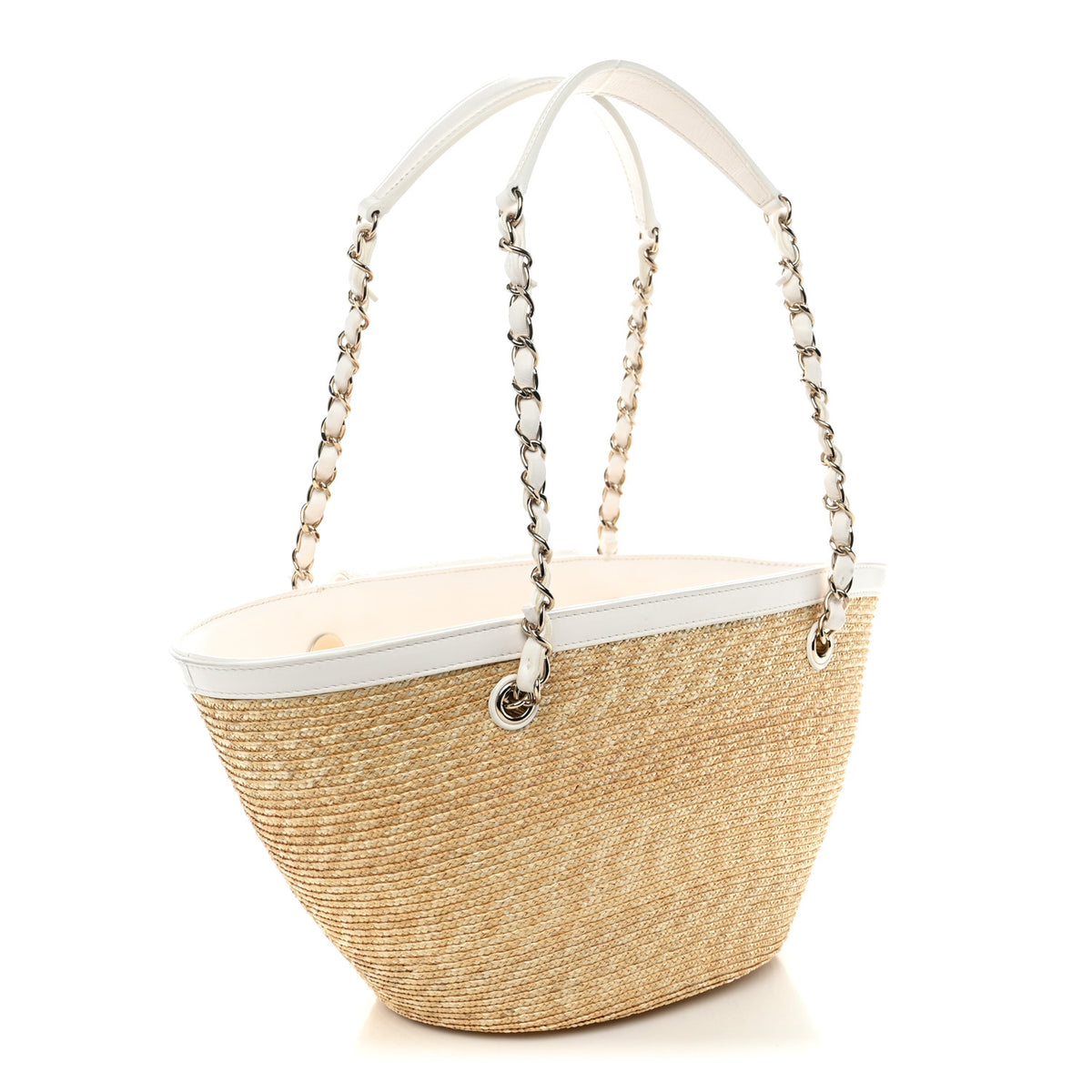 Raffia Braided Lambskin Small Shopping Tote Beige White