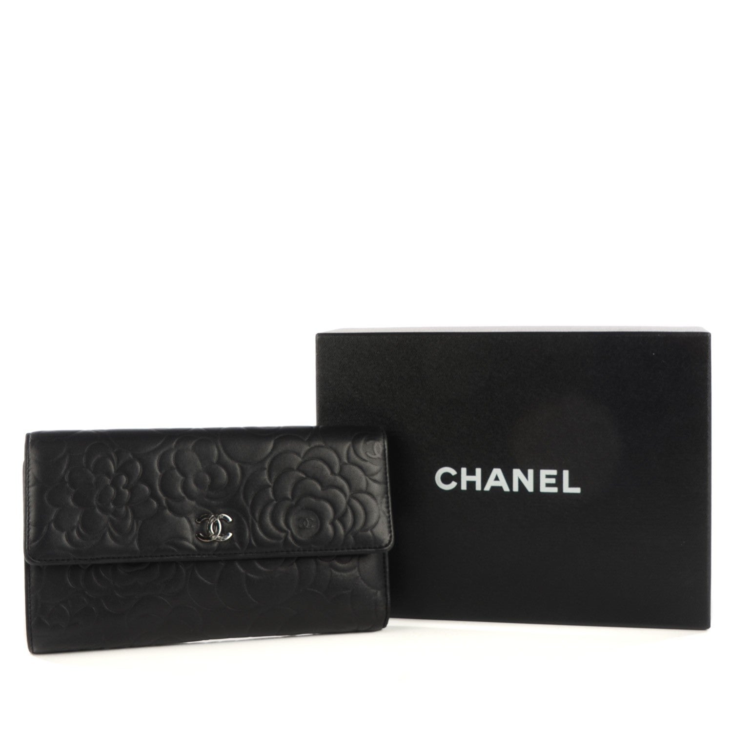 Chanel Lambskin Embossed Camellia Large Gusset Flap Wallet Black 5 of 9