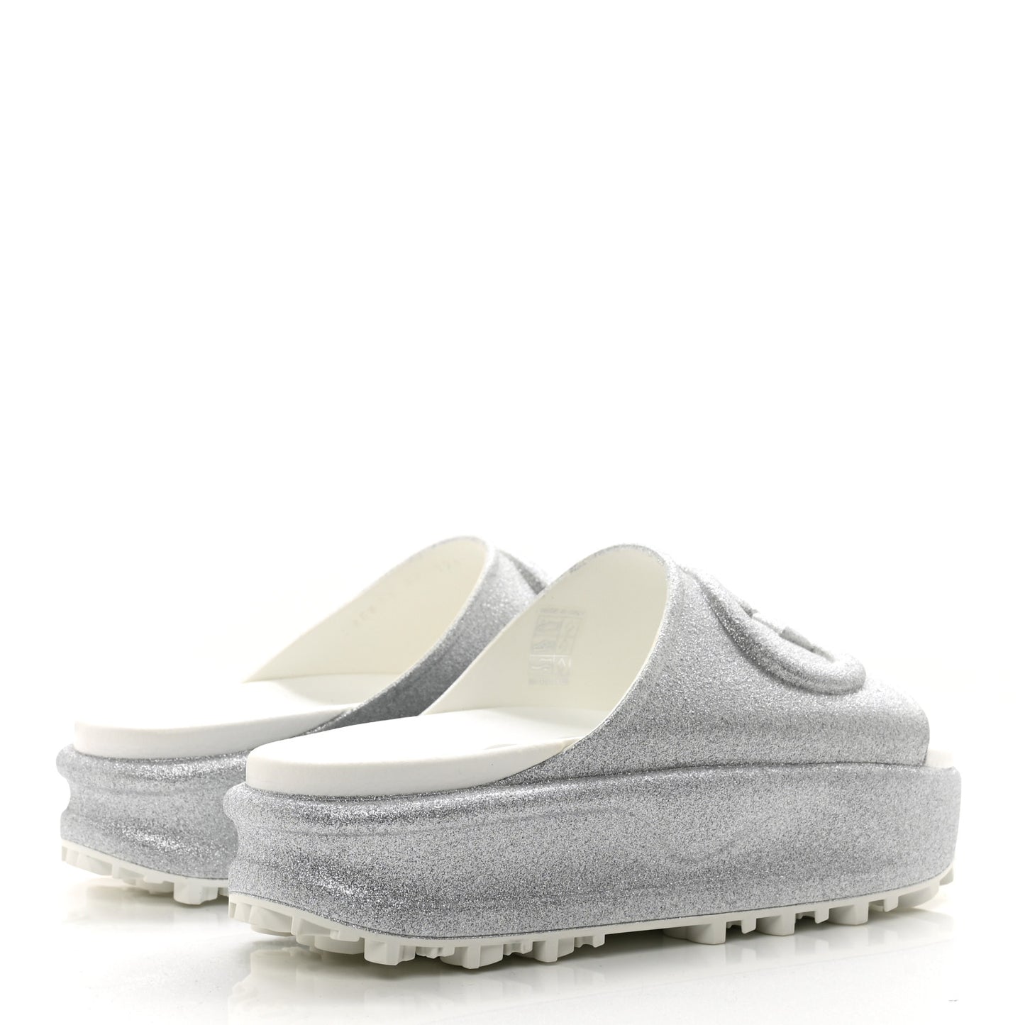 Glitter Rubber Womens Interlocking G Platform 42mm Slide Sandals 38 Silver