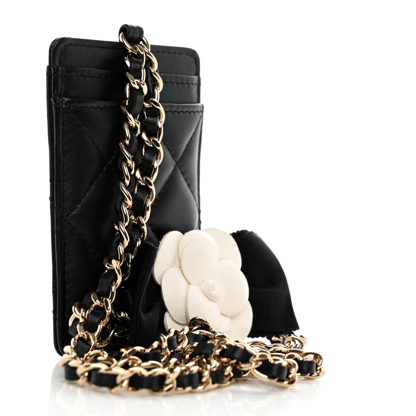 Lambskin Quilted Camellia Bow Card Holder On Chain Black