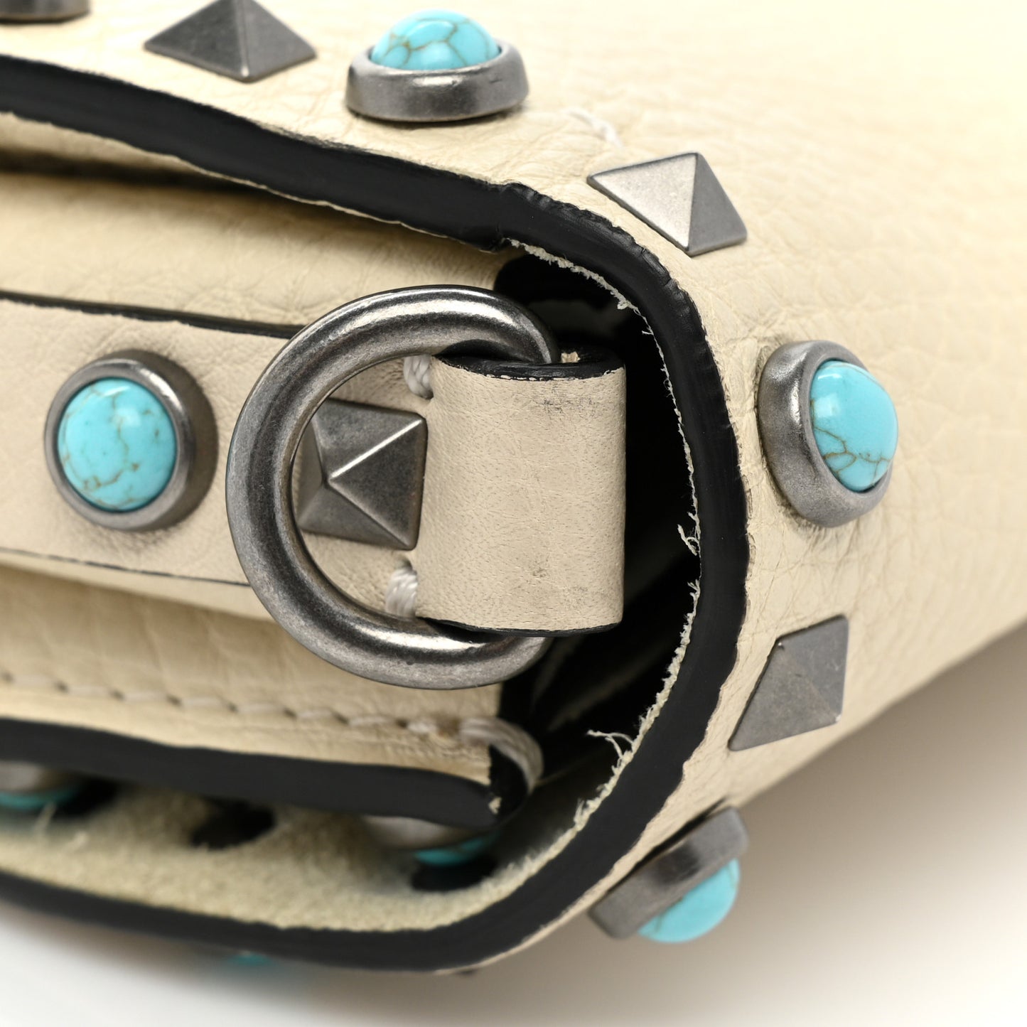 Grained Calfskin Turquoise Rockstud Rolling Flip Lock Crossbody Bag Light Ivory