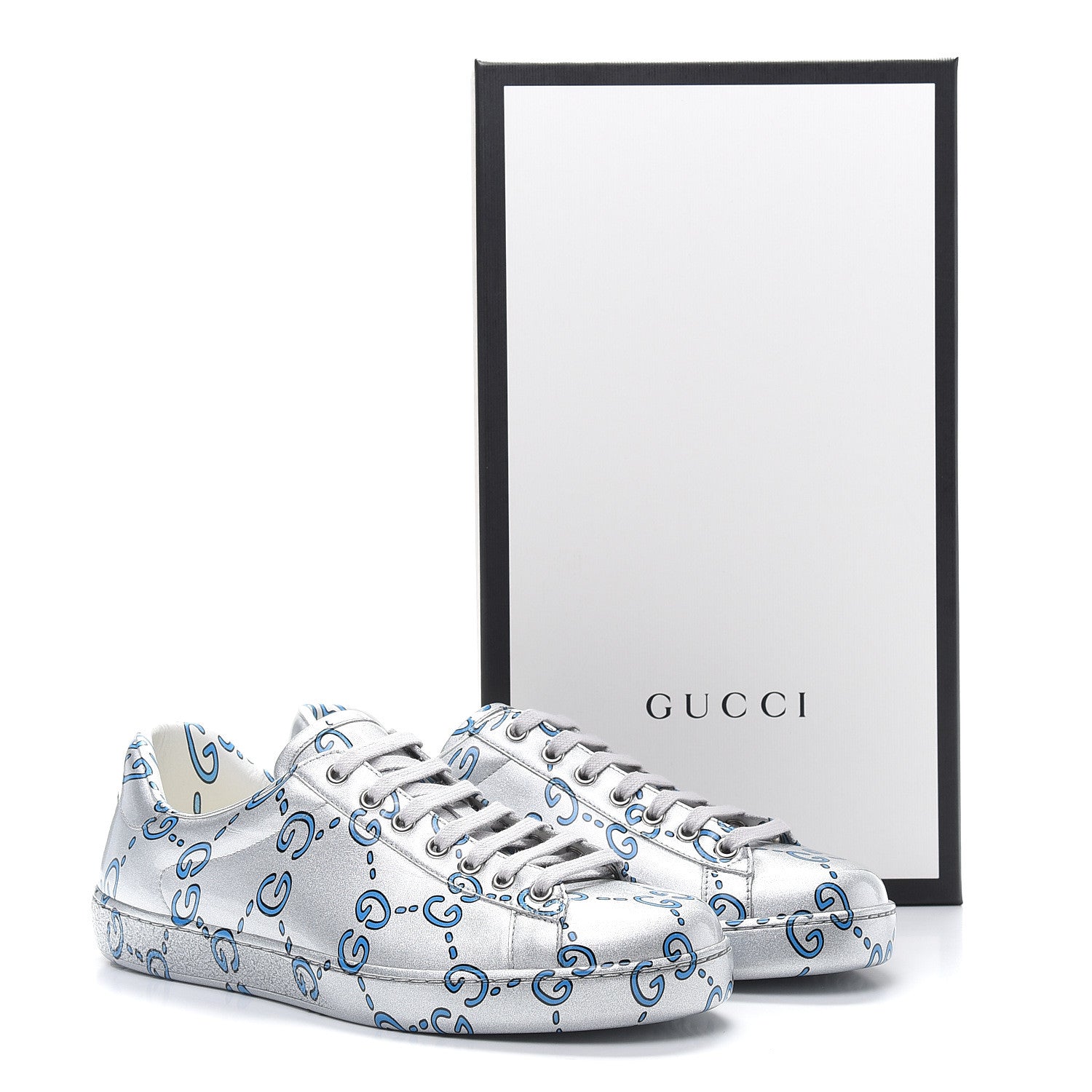 Gucci Miro Rubber Wax GucciGhost Print Mens New Ace Sneakers 7.5 Silver 8 of 8
