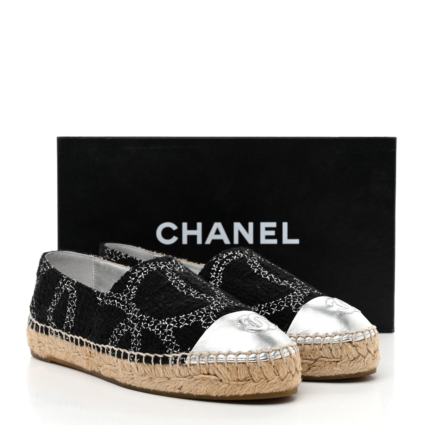 Metallic Tweed Lambskin CC Espadrilles 36 Black Silver