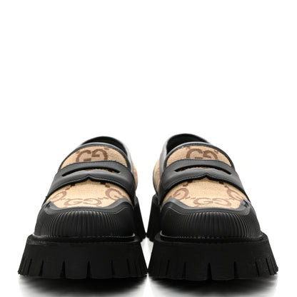 Gucci Monogram Jumbo GG Miro Soft Calfskin Mens Lug Sole Loafers 8 Camel Ebony Black 2 of 9