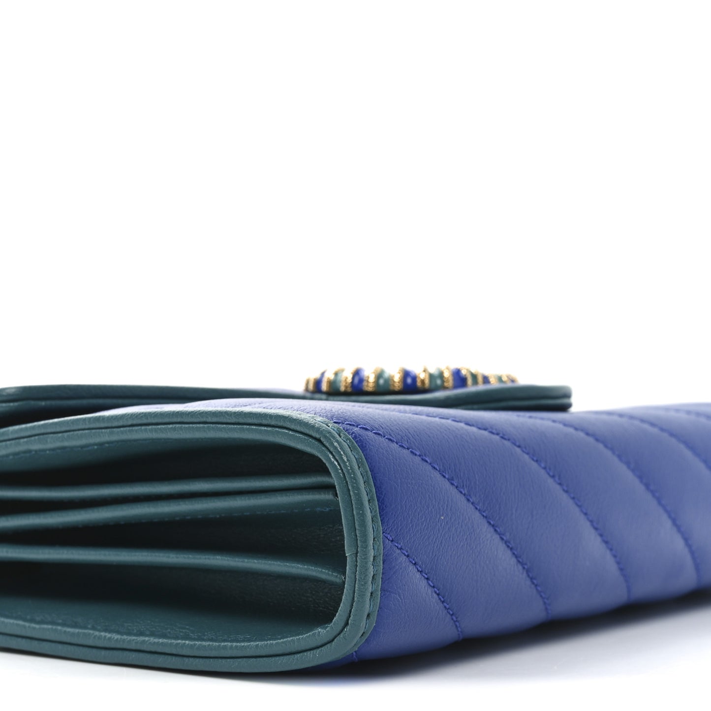 Azalea Calfskin Enamel Matelasse Diagonal Torchon GG Marmont Chain Wallet Imperial Blue Pavone