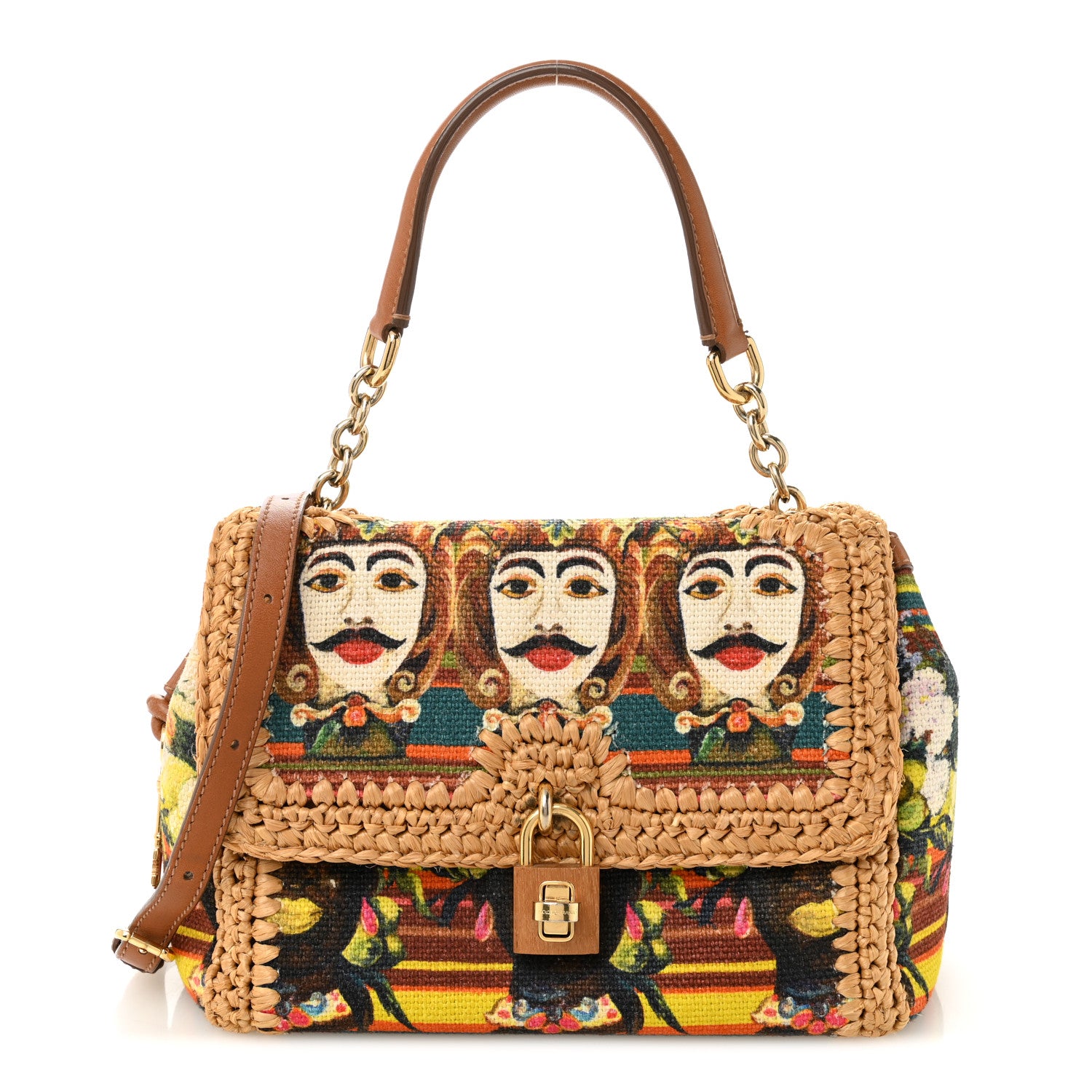 Dolce & Gabbana Raffia Crochet Embroidered Padlock Flap Satchel Beige Multicolor 1 of 12