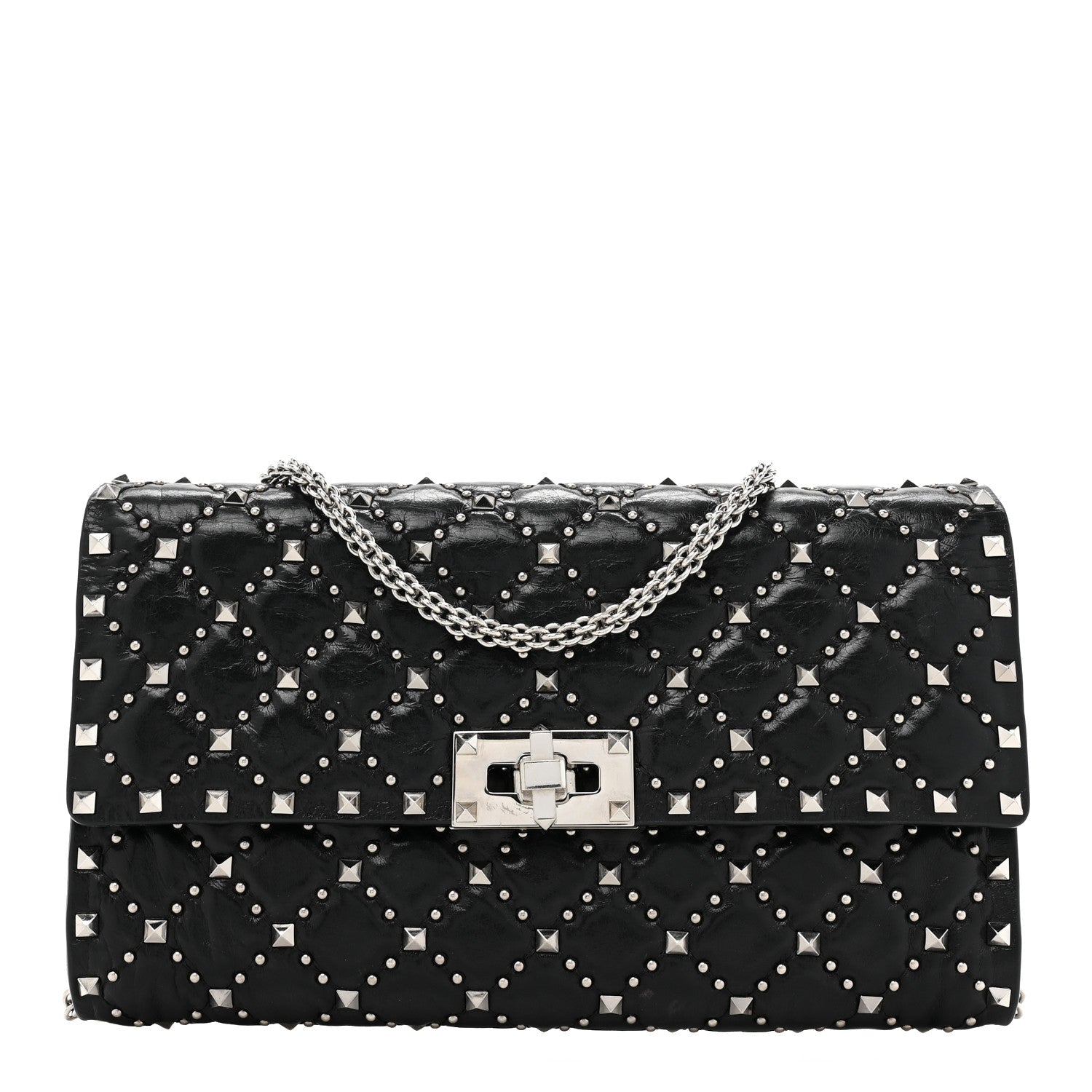 Valentino Garavani Craquele Nappa Beaded Rockstud Spike Wallet on Chain Black 1 of 13