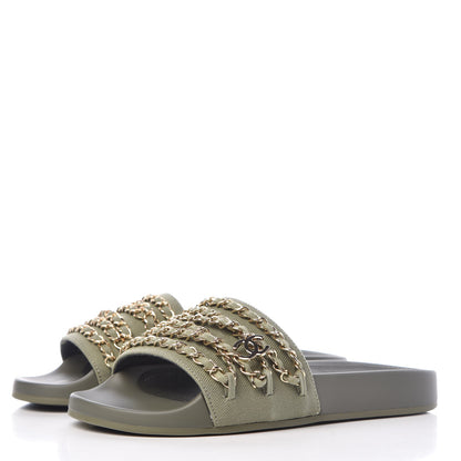 Chanel Canvas Chain Flat Sandals 37 Khaki 3 of 9