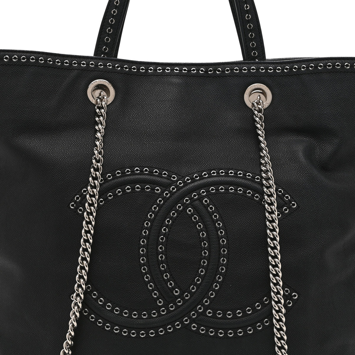 Grained Calfskin Large Coco Eyelets Shopping Tote Black