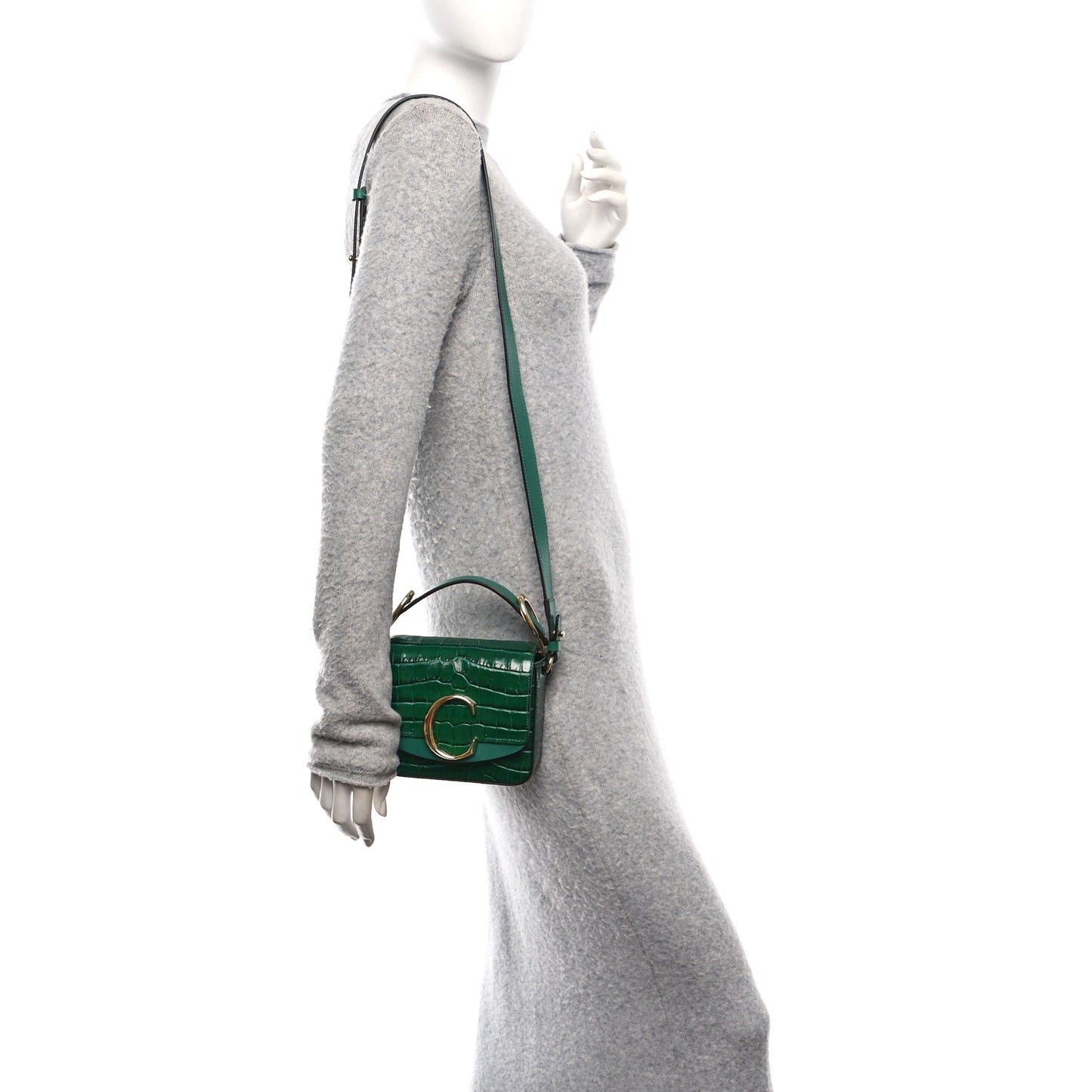 Calfskin Crocodile Embossed Mini C Double Carry Woodsy Green