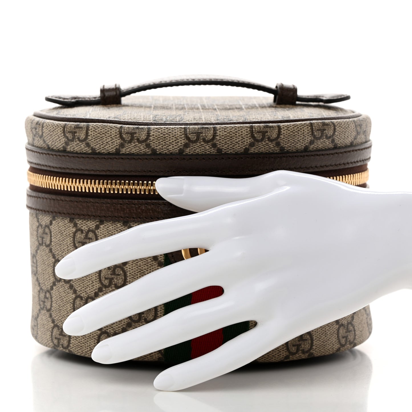 GG Supreme Monogram Textured Calfskin Web Ophidia Vanity Cosmetic Case Beige Ebony New Acero
