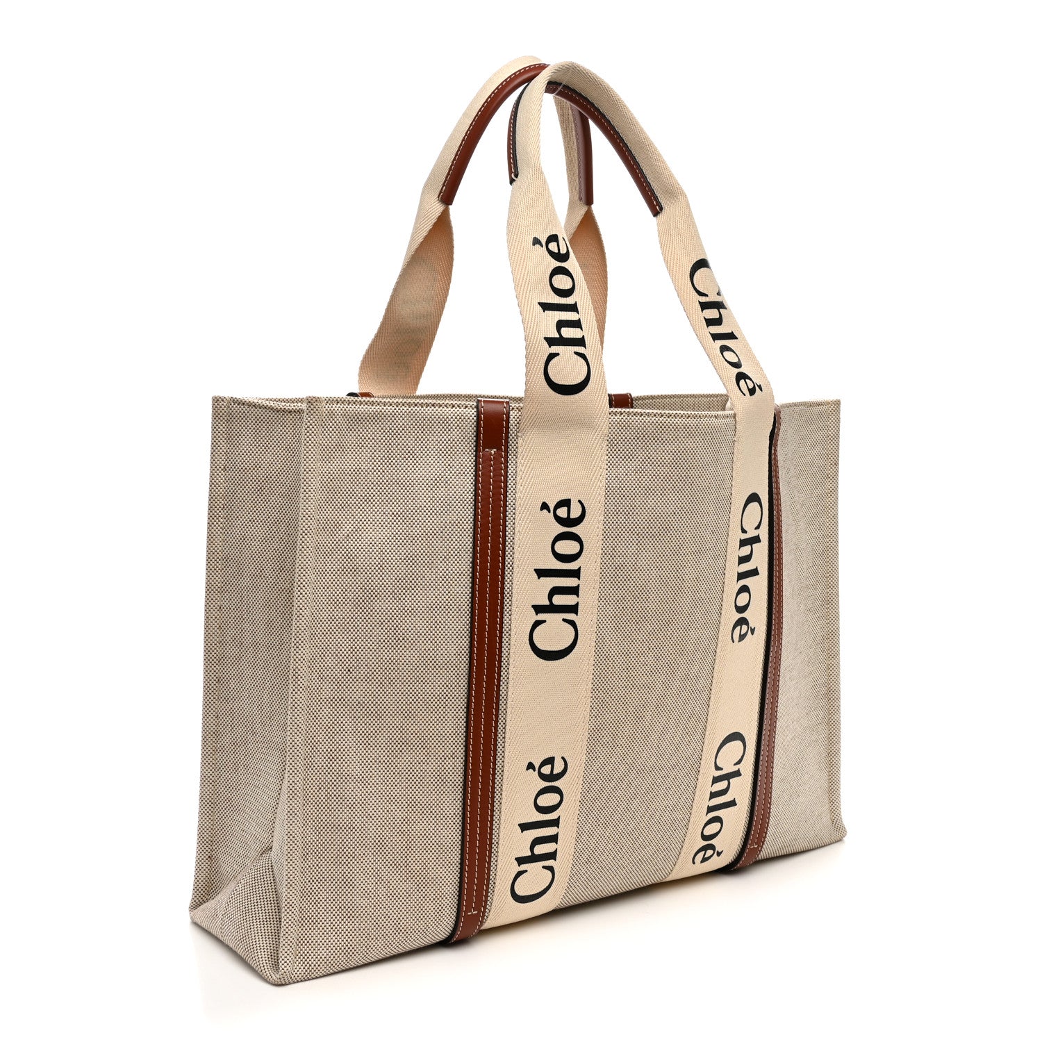Chloe Cotton Calfskin Large Woody Ribbon Tote White Brown 3 of 10