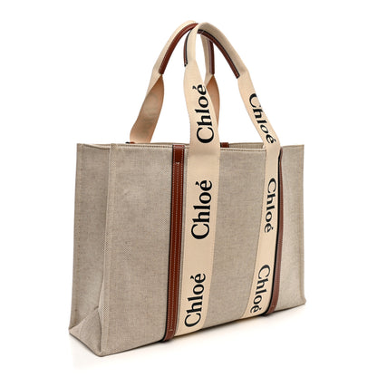 Chloe Cotton Calfskin Large Woody Ribbon Tote White Brown 3 of 10