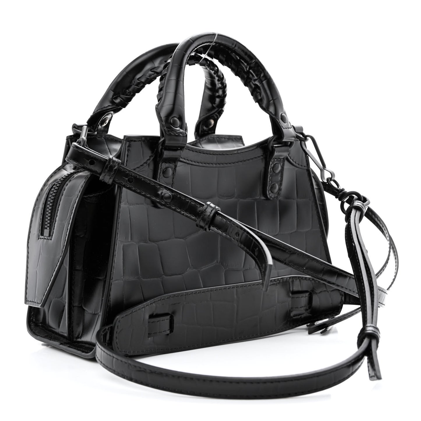 Semi Shiny Calfskin Crocodile Embossed Neo Classic Black Hardware Mini City Black
