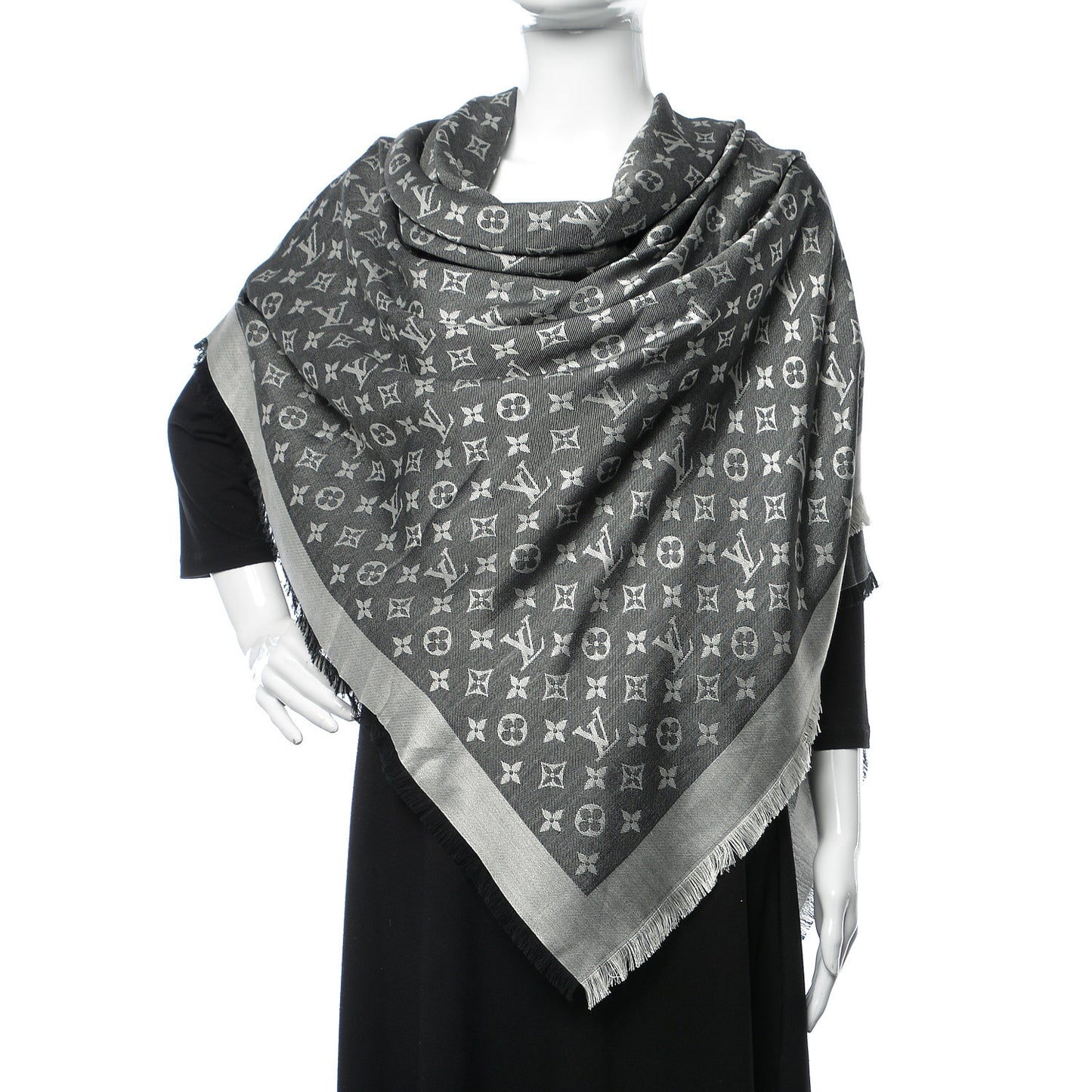 Wool Silk Monogram Denim Shawl Black