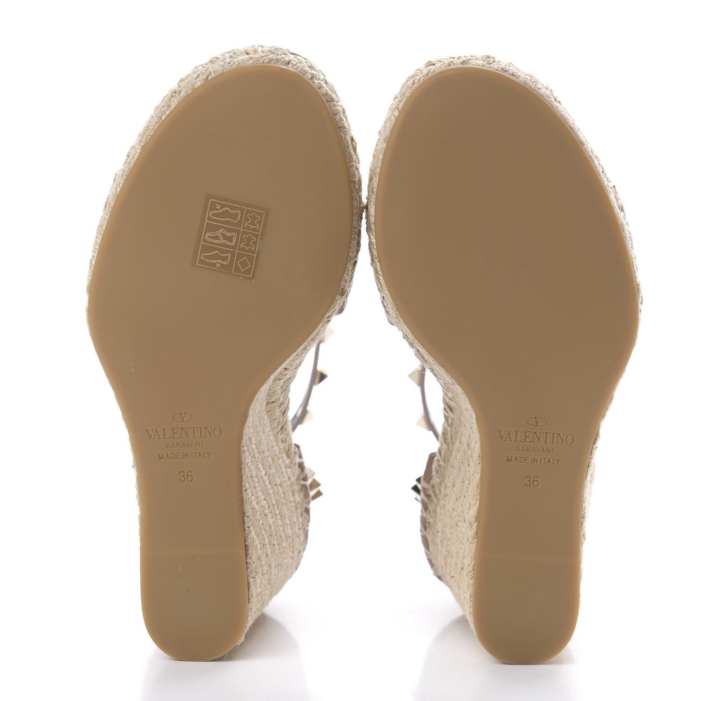 Grained Calfskin Rockstud Ankle Strap Espadrille 15/105mm Wedge Sandals 36 Poudre Natural