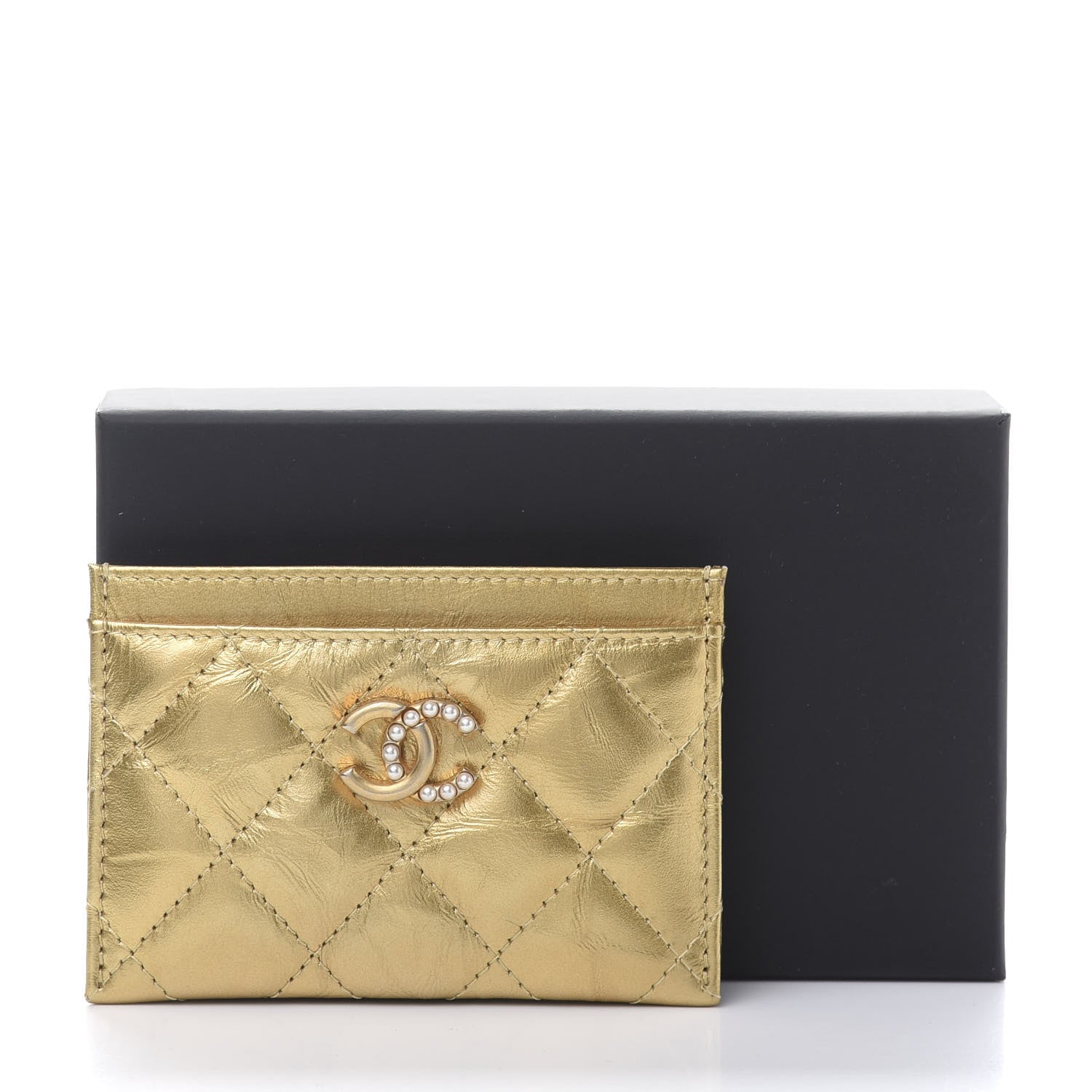 Chanel Aged Metallic Calfskin Pearl CC Quilted Card Holder Gold 11 of 11