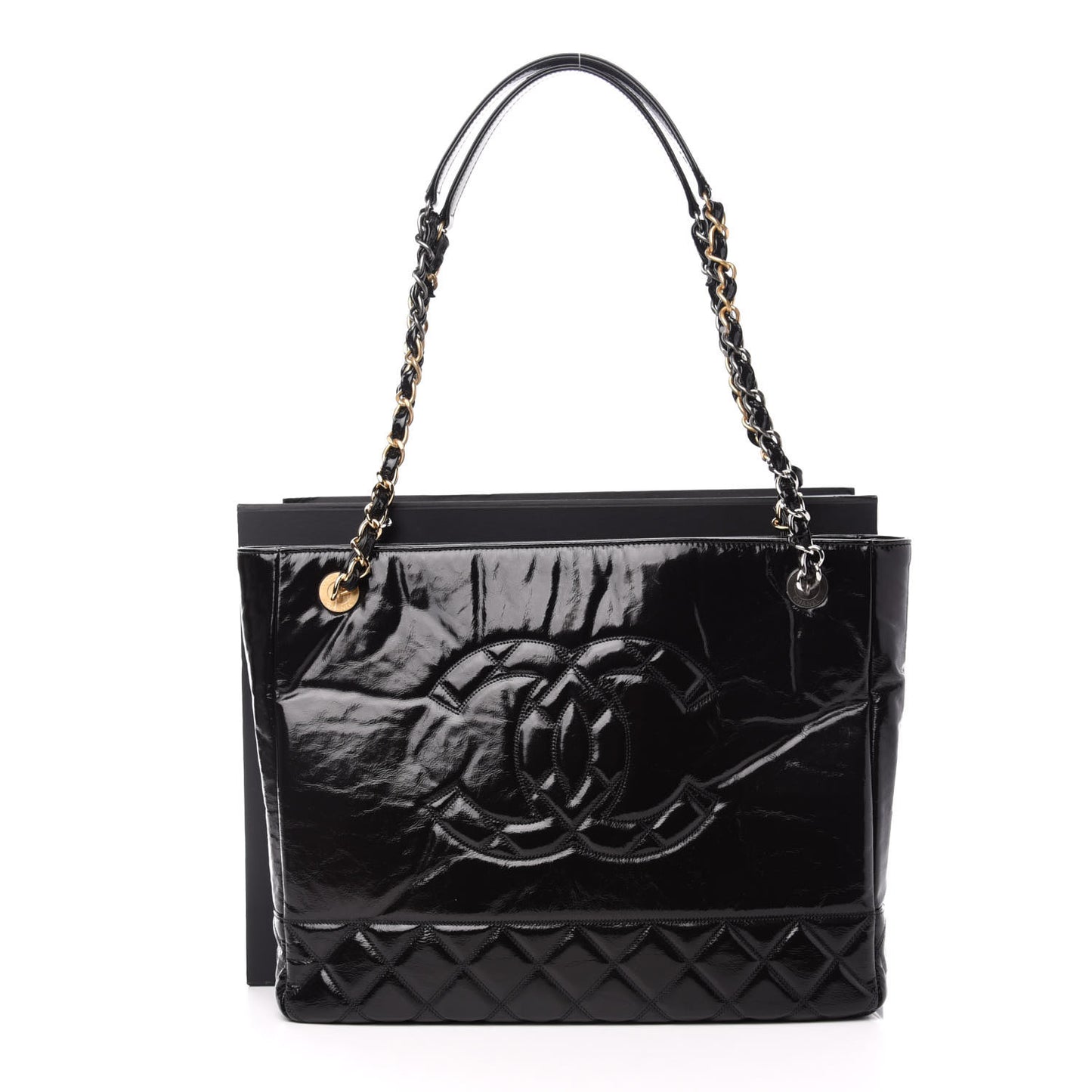 Shiny Aged Calfskin Quilted Large Shopping Bag Black